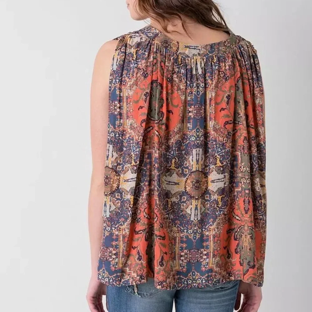 Free People Darcey Swing Tank Top Chiffon V-Neck Women’s Medium Orange/Blue